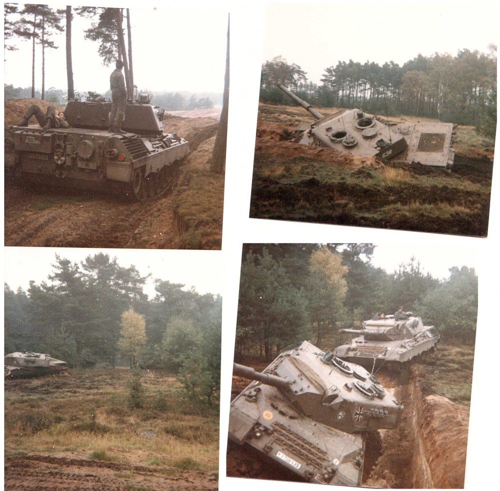 Links oben in Stellung. Die weiteren: In der Lüneburger Heide "versenkten" wir unseren Panzer in einem Panzergraben. Erst durch Einsatz der 3 anderen Panzer des Zuges und zweier Bergepanzer konnte er herausgezogen werden. Nach dem Wiederaufziehen der Kette war der einzige verbliebene Schaden... eine Antenne